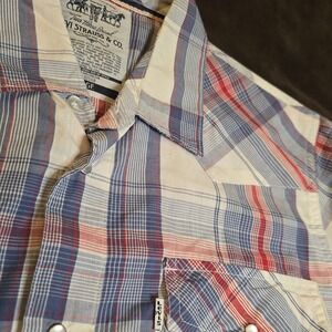 Levis Pearl Snap Shirt Men's Large Standard Fit Flap Pockets Red Plaid Western